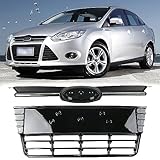 YLT AUTO Upper Front Bumper Black Grille with Chrome + Lower Grill Replacement Kit Gloss Black Mesh Air Intake Trim for 2012 2013 2014 Ford Focus