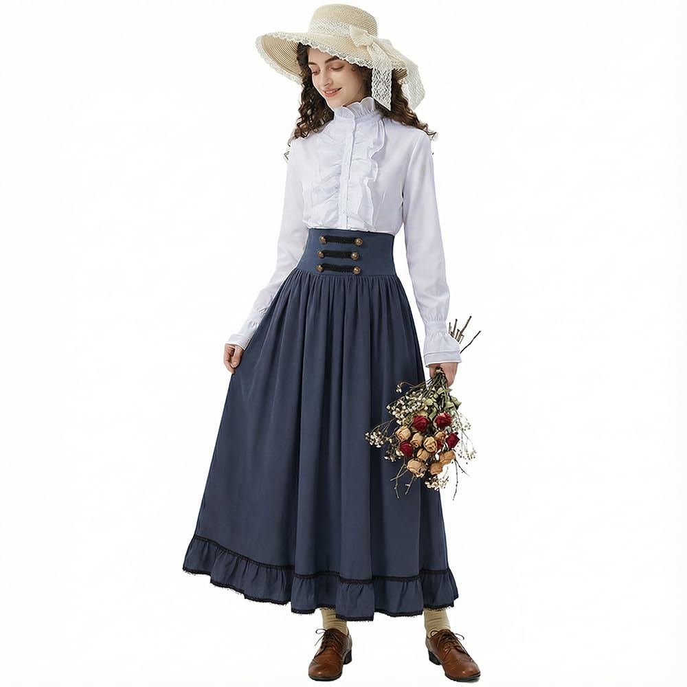 Robe française élégante à volants et manches ruchées – Costume médiéval féminin (Chemisier + Jupe vintage haute taille) – Ensemble Business Casual pour Femme – Jupe mi-longue de bureau et haut élégant