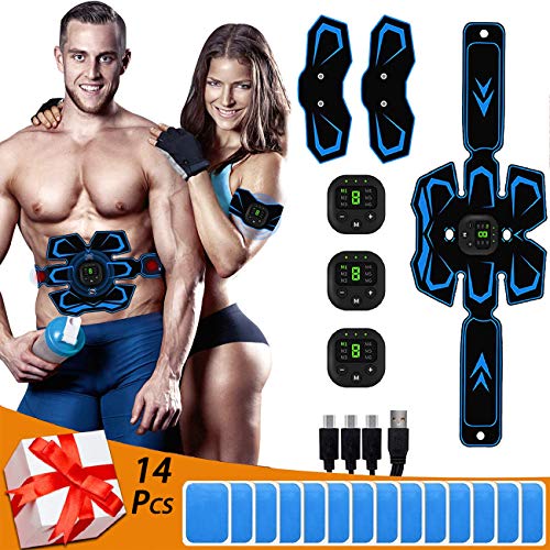 Abs Stimulator - Abdominal Toner- Belt Body Workout Training Gear Fitness Equipment - Fitness Gear for Men Women with 14 Extra Gel Pads (USB Charging)