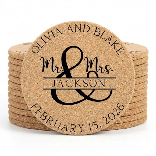 Set of 30-100 Personalized Cork Coasters | Monogrammed Mr &