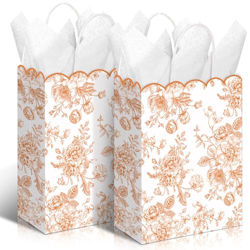 Kolldenn 24 Pcs Fall Floral Gift Bags with Handles Thanksgiving Party Favor Candy Treat Goodie Bags Scalloped for Birthday Decoration for Bridal Baby Shower Party Supplies