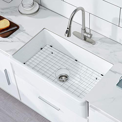 Black Friday Sale 2022 33 inch Ceramic Kitchen Sink, HERCATE White Reversible Sink, Single Bowl Kitchen Sink with Bottom Grid and Basket Strainer