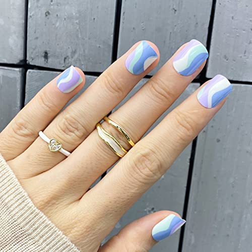 Novo Ovo Extra/Real Short Square Oval Blue Purple White Green Swirl Thick False Fake Press On Nails Primavera Glossy Lavender Iridescent Stick On Acrylic Kit With Glue For Valentine's Day Spring #TOP1