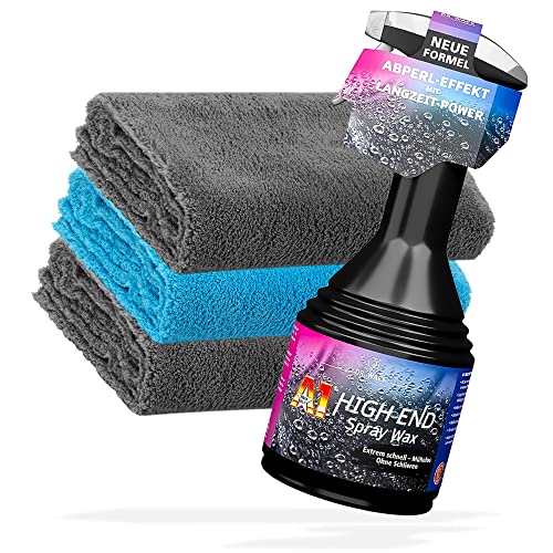 Lackreinigung- und Pflege Bundle: Dr. Wack A1 HIGH END Spray Wax 0 5L Sprühflasche + 3x detailmate Edgeless Superflausch Mikrofasertuch 550GSM