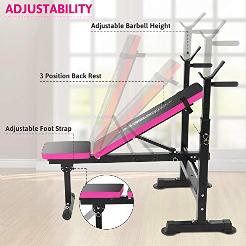 Folding Adjustable Weight Bench with Barbell Rack, Multi-Function Strength Training Adjustable Benches for Fitness Exercise and Strength Workout (Pink)