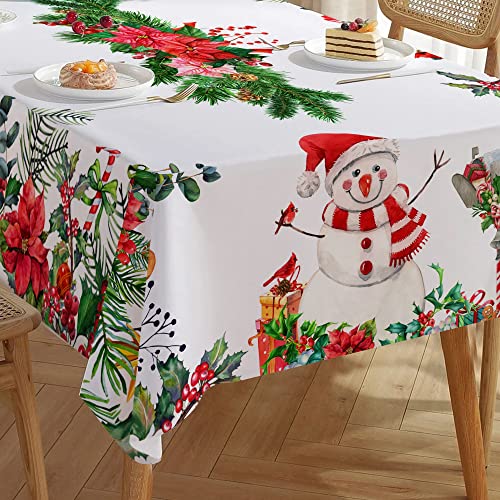Christmas Tablecloth 60X84 Rectangle, Red Green White Christmas Table Cloth Snowman Winter Holiday Tablecloth For Home Party Dining Table Decor, Multi-Use Washable With Plant Flower Decorations #TOP1