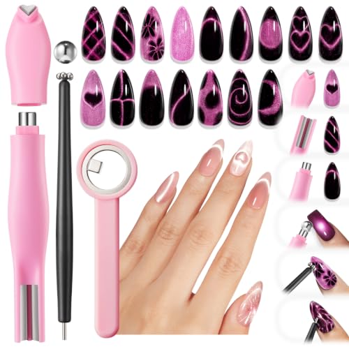 Image of modelones Cat Eye Magnet Set, Heart French Cateye Gel Polish Nail Tools Kit Dual-Head 5 IN 1 Magnets Pen Heart Round Flower Glassy Moon Multi Effect Nail Art Designs Home DIY Salon Use