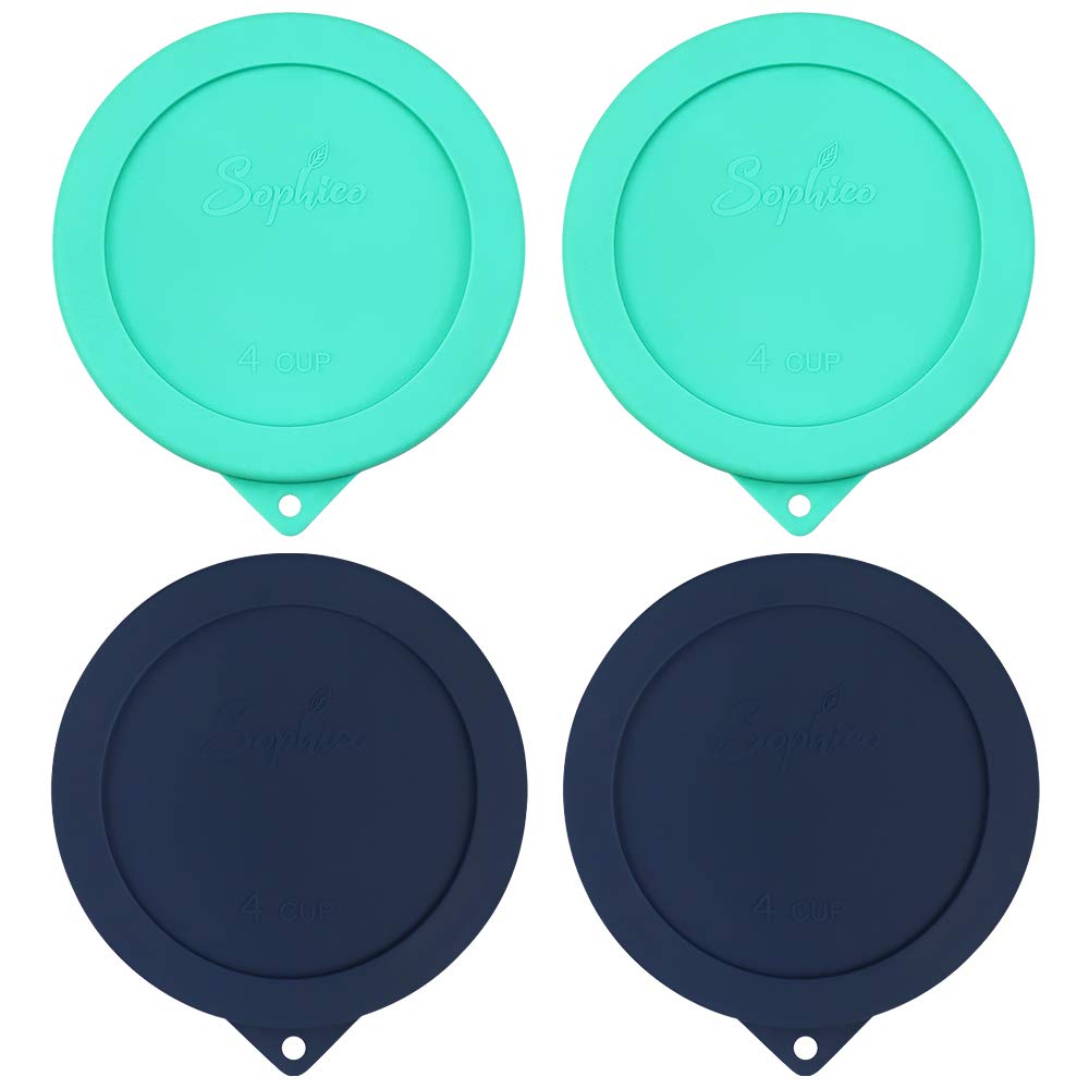Sophico 4 Cup Round Silicone Storage Cover Lids Replacement for Anchor Hocking and Pyrex 7201-PC Glass Bowls (Container not Included) (Navy blue-Mint) 4 Pack