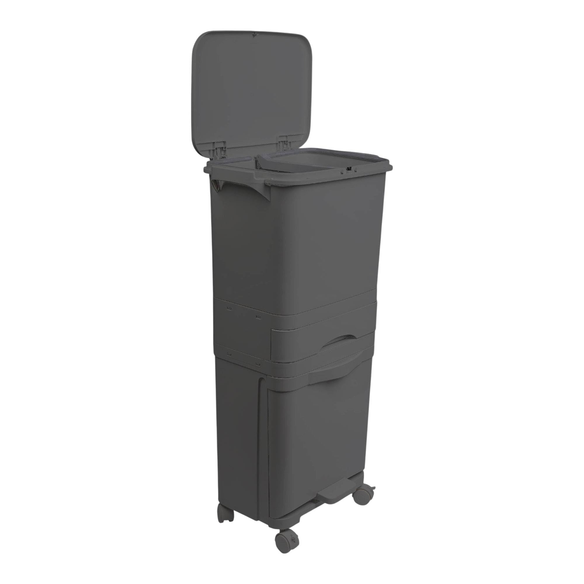 Papelera de reciclaje de clasificación selectiva con pedal, ruedas y asa de triple compartimento de 42L (24L + 4L + 14L) gris antracita