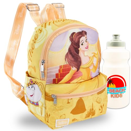 Disney Beauty and the Beast Mini Backpack for Women - 13” Princess Belle Backpack with Front Pocket Plus Water Bottle | Beauty and the Beast Backpack Purse Bundle