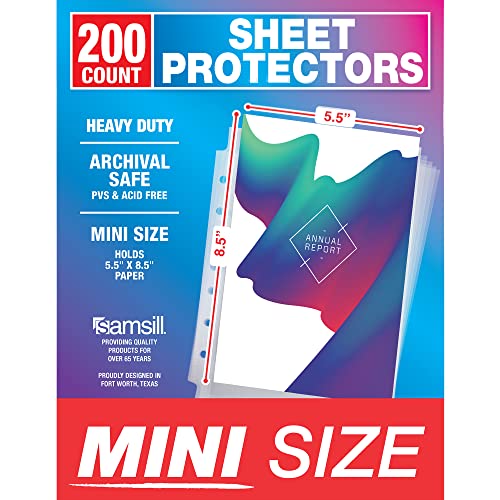 Samsill Mini Sheet Protectors 200 Pack 5.5 x 8.5 Inch Page Protectors for Mini 3 Ring Binder Heavy Duty Clear Protector Sheets 7 Hole Top Loading Acid Free