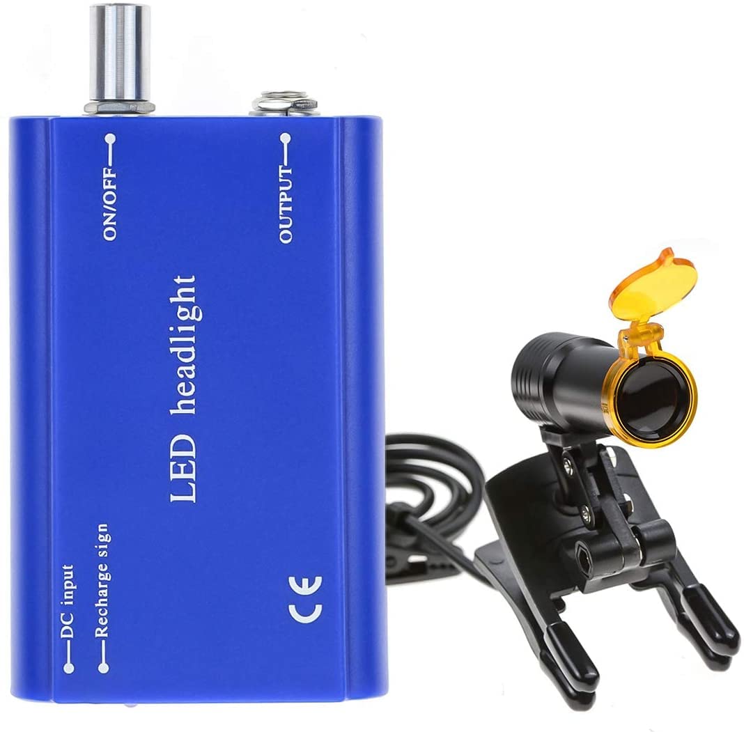 Mike Dental Lampe frontale LED portable 5 W avec filtre pour loupes jumelles + batterie en plastique à clipser Bleu