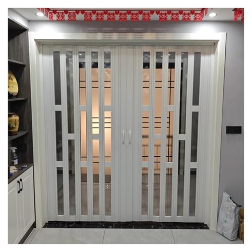 Porte Pliante Télescopique Accordéon en PVC Blanche pour Séparateurs de Pièces, avec Poignées et Verres Acryliques, Coulissante pour Appartement/Bureau