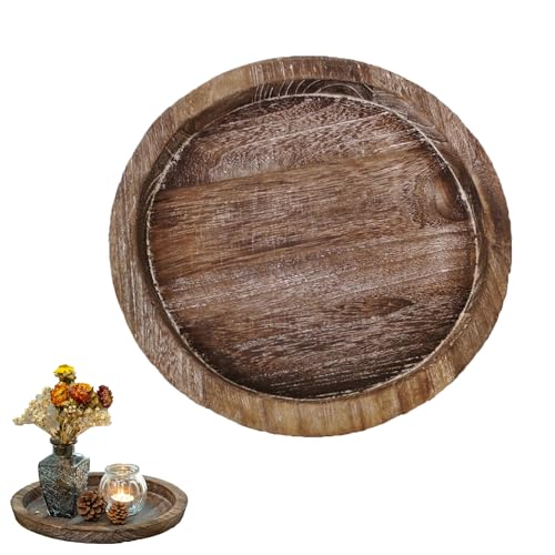 Eabdice trä tvättad vintage serveringsbricka, rund dekorativ tallrik av trä, φ27,9 cm rund träbricka, för blockljus värmeljus ljus bordsdekoration