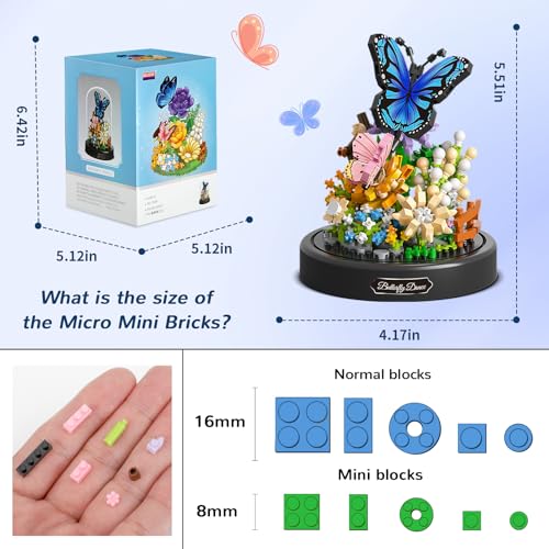 Image of QLT QIAOLETONG Flower Bouquet Building Kit for Adults, 530 PCS Animals Flowers Botanical Collection Mini Building Blocks Set, Valentine's Day for Her Mom Women Wife Girlfriend (Butterfly)