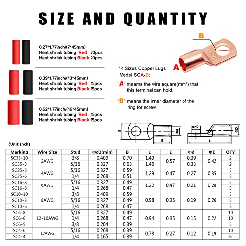 180Pcs Copper Wire Lugs Awg 2 4 6 8 10 12 With Heat Shrink Set, 80Pcs Battery Cable Lugs, Battery Cable Ends Sc Ring Terminals Wire Connectors, With 100Pcs Heat Shrink Tubing Wire Terminals Kit. #TOP3