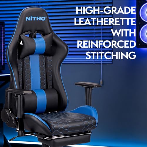 Image of NiTHO ACE Gaming Chair with Foldable Footrest | Ergonomic Reclining Computer Desk Chair with Head & Lumbar Pillows, Adjustable Armrests, 135 Tilt, Swivel Office Chair for Gaming or Home Office, Blue