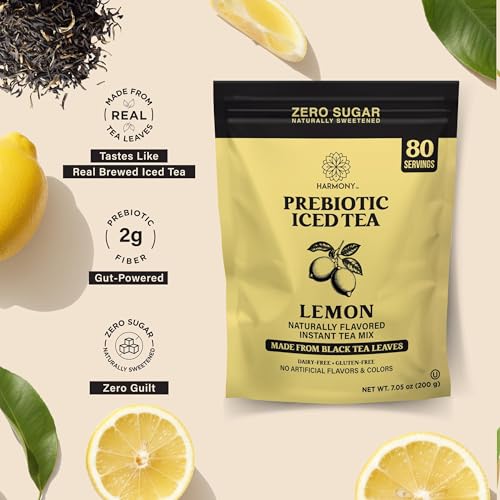 Image of Harmony Lemon Prebiotic Black Iced Tea, 7.05 oz Bag, 80 Servings | Real black tea, Bright lemon flavor, 80 servings per bag, Prebiotic plant fiber, 25 calories, Zero sugar, Gluten free