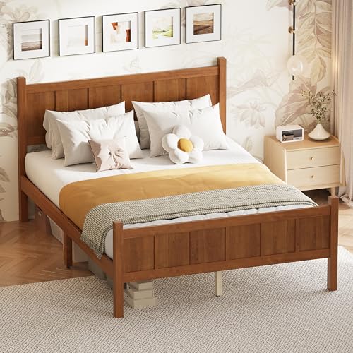 Image of Full Size Vintage Bed Frame with Headboard, Farmhouse Wooden Platform Bed with Under-Bed Storage, Minimalist Modern Wood Grain Finish Bedframe for Bedroom (Light Walnut)