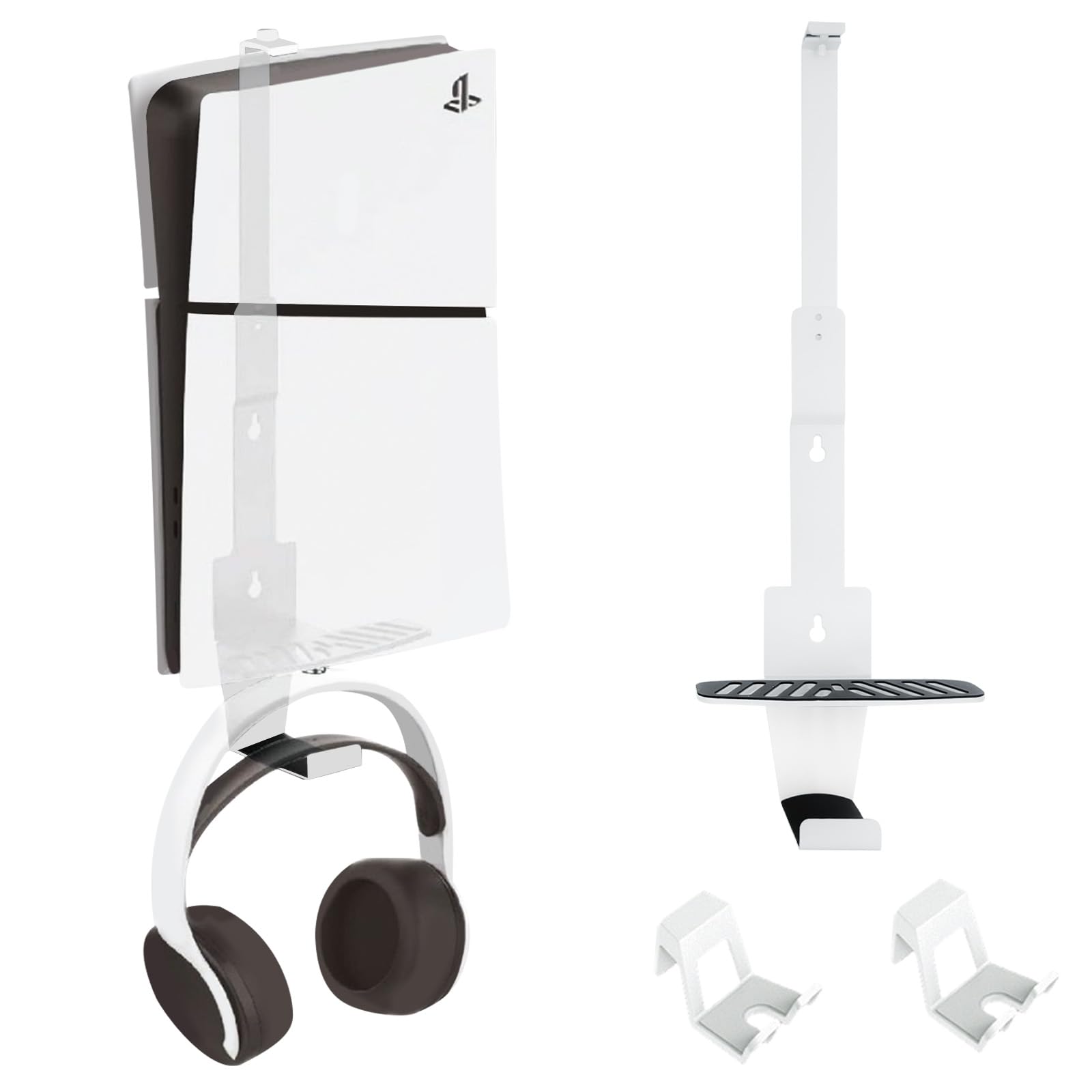 PS5 Wall Mount, Heavy-Duty Steel Mount Kit for Protection & Cooling with 2 Controller Holder and Headset Holder,Compatible with All PS5 Models Including Slim, Pro, Original. (White)