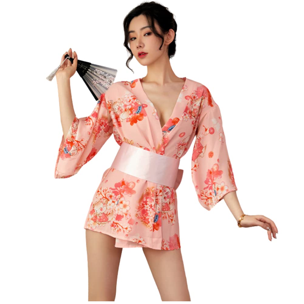 HNYBD Women's Japanese Kimono Sexy Traditional Robe Lingerie Yukata Ladies Costumes Pajamas (Light Pink)