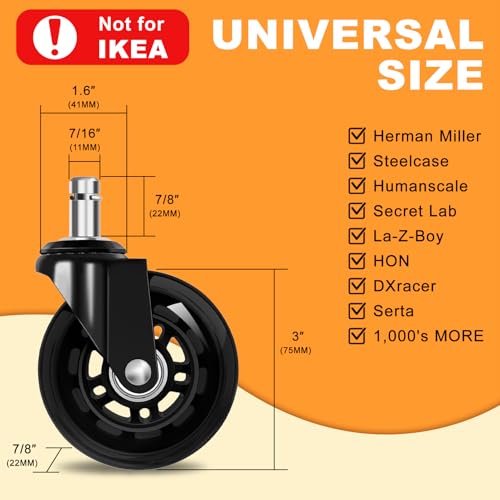 Image of Office Chair Wheels for Casters Replacement - 3 inch Rubber Wheels for Computer Gaming Desk Caster Smooth & Safe Rolling for All Floors Including Hardwood and Carpet - Set of 5 - Black
