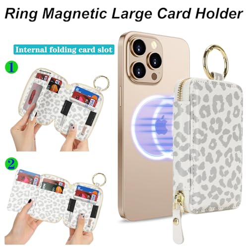 Image of Compatible with MagSafe Wallet,Magnetic Phone Wallet Card Holder for iPhone 17 /16 Pro Max /15 plus /14 Pro /13 /12 Series,PU Leather Zipper Pocket Adjustable Stand with Grip-White Leopard