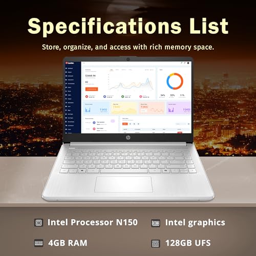 Image of HP Stream 14 inch HD Laptop, Intel Processor N150, 4GB RAM, 128GB UFS, Intel Graphics, Webcam, Wi-Fi 6, Copilot, Fast Charge, Windows 11, Silver (Renewed)
