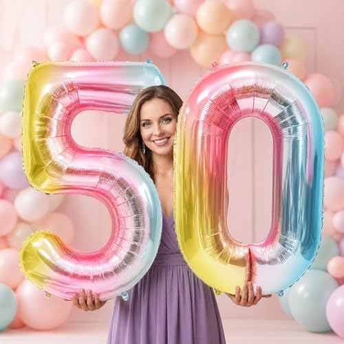 Image of Rainbow Number Balloons Birthday Balloons - Giant Number 50 Balloon 40 inch, Numbers Balloon Birthday Decorations, Rainbow Party Supplies for Baby Shower