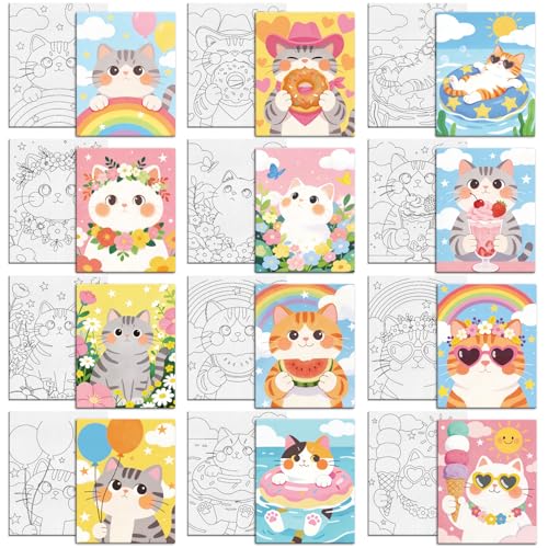MAYJOYDIY 12 lienzos predibujados de dibujos animados con plantas de gato para pintar mariposas y flores, donas, lienzos preimpresos de 20 x 25 cm, bonito globo de sandía, tablero de arte para