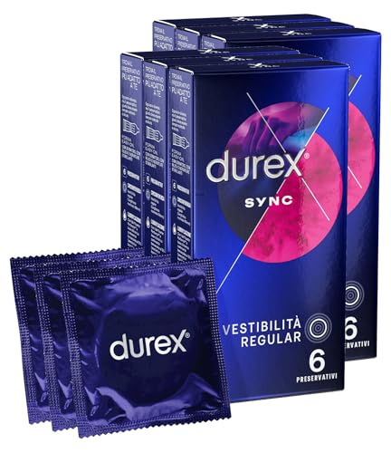 Durex Sync Preservativi con Rilievi e Nervature Stimolanti per Lei Ritardanti per Lui con Forma Easy-On e Lubrificazione Performa - 36 Profilattici Maschili