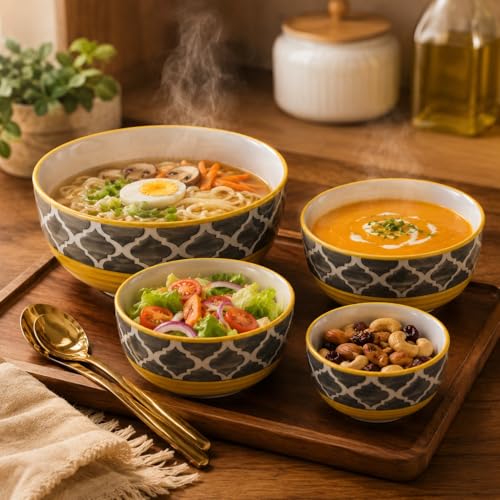 Image of Ceramic Mixing Bowl Set - 4 Pieces (1500ml, 800ml, 600ml, 400ml), Yellow Grey - Durable, Microwave & Dishwasher Safe - Ideal for Mixing, Serving & Storage