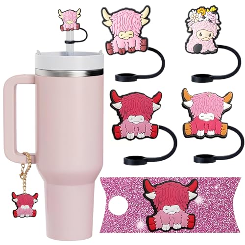 ACEGENIU Straw Cover Cap for Stanley Cup,0.4in/10mm Silicone Pink Highland Cattle Straw Topper Accessories for Stanley 40 Oz