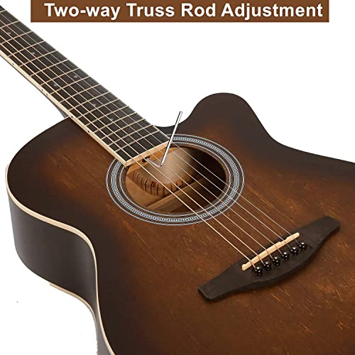 Winzz Hand Rubbed Series - 40 Inches Cutaway Acoustic Acustica Guitar Beginner Starter Bundle With Online Lessons, Padded Bag, Stand, Tuner, Pickup, Strap, Picks, Brown Sunburst #TOP7