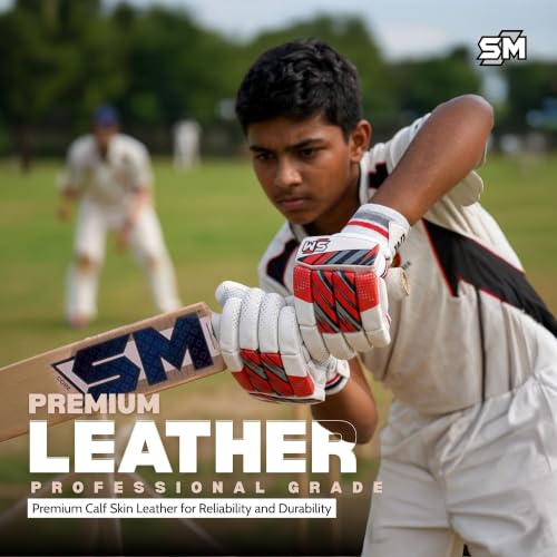 Image of SM Strike Batting Gloves | Cricket Gloves | Calf Skin Leather Palm | Fibre Mould Infused Fingers | Moisture-Wicking | Enhanced Grip & Ventilation | Youth Cricket Gloves | Size Youth