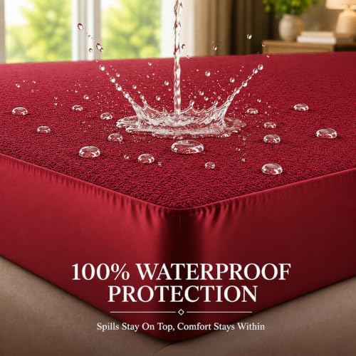 Image of BSB HOME Waterproof Terry Mattress Protector, Soft Cotton Terry Mattress Cover with Deep Pocket Fitted Sheet Style, Breathable & Noiseless Bed Protector, Single Bed- 36 x 72 +9 Inches - Maroon