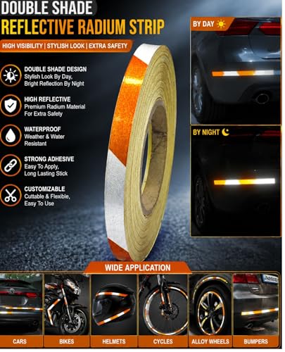 Image of WALLMATE Dual Shade Reflective Radium Strip for Car & Bike Waterproof Self Adhesive, Safety Sticker, Night Glow Tape for Helmet, Scooter & Cycle Decoration (Orange-Silver, 0.5 In x 45 Mtr (1771 in))