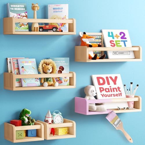 HOMEY PANDA DIY Wall-Mounted Nursery Bookshelves - 4 Long + 2 Mini Shelves, Kids Room Storage (DIY Paint Pine Wood)