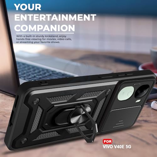 Image of AESTMO Tough Armor Vivo V40E 5G / iQOO Z9S 5G Bumper Back Case Cover | Ring Holder & Sliding Camera Shield Cover | 360 Degree Protection Back Case Cover for Vivo V40E 5G / iQOO Z9S 5G (Black)