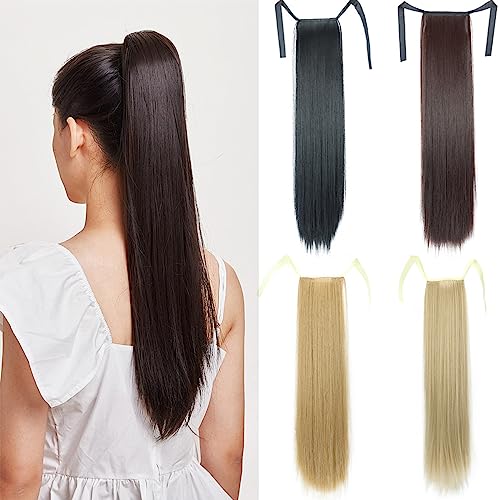 prinfantasy Straight Ponytail Extensions Long Wrap-around Pony Tail Synthetic Clip-on women鈥檚 wig Dark Brown Hairpiece 22 Inch,GBMW047 - Image 3