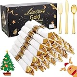 Liacere 100Pack Pre Rolled Gold Silverware and Napkin-Disposable Gold Plastic Utensils-Wrapped Plastic Cutlery Set with Napkin:100 Forks,100 Knives,100 Spoons,100 Napkins for Christmas＆New Year