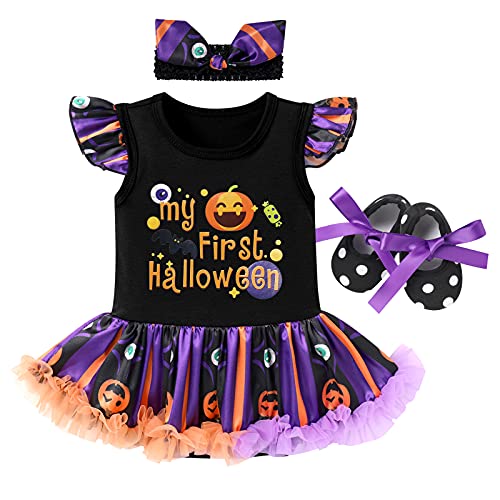 Fymnsi Disfraz De Niña Recién Nacida Mi Primer Disfraz De Halloween, Manga Aleteo Con Lazo De Calabaza, Tutú, Princesa, Lunares Diadema Zapatos,Mi Primer Halloween, 18 Meses