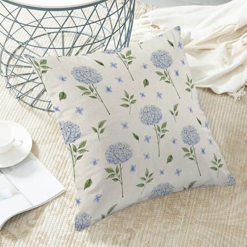 Image of AEIOAE Spring Pillow Covers 18x18 Inch Set of 2, Blue Green Hydrangea Flower Leaves Throw Pillows Case,Floral Summer Outdoor Seasonal Decorative Farmhouse Decor Cushion Covers for Home Sofa Bed Couch