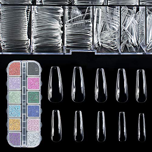 Clear Nail Tips for Acrylic Nails Square - OLSAinny 500pcs Coffin Nail Long Fake Nails with 1400pcs Nail Gems and Rhinestones Kit for Nail Salons and DIY Nail Art