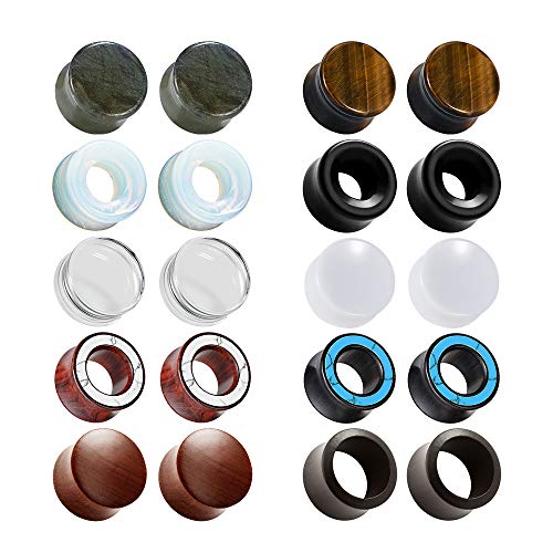 TBOSEN Lot de 10 paires de bouchons d'oreille en pierre mixte Jauges d'oreille Tunnels d'oreille Double Flare Plugs Expander Body Piercing Bijoux 0g-5/8" en 8mm-16mm Cover