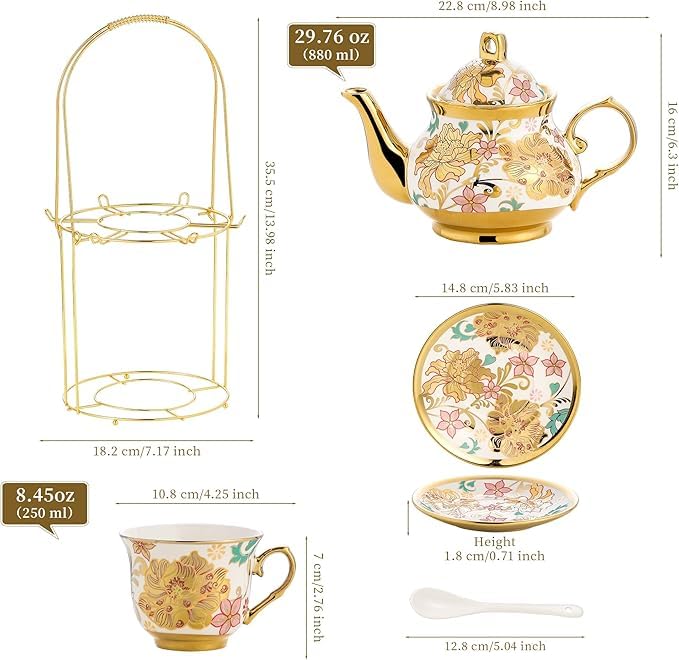 Image of DEEDECORWAVE Premium Ceramic Tea Set of 13 PCS Teapot (800ML) with 6 Cups (180ML Each), 6 Saucers & Holder Stand Elegant Gift for Tea Lovers Ideal for Home, Office & Parties (White)