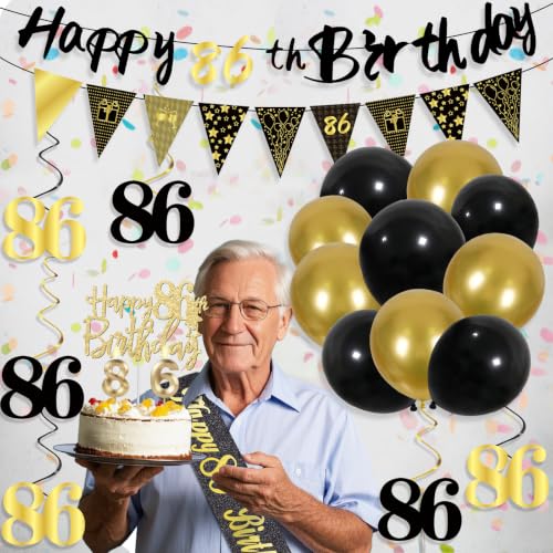 Image of 86th Birthday Decorations for Men, Black Gold 86th Party Decorations