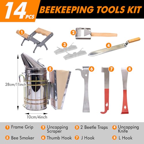 BeeCastle 14 Pcs Beekeeping Tools Starter Kit, Bee Keeping Supplies-All Bee Hive Tools Kit with Organizer Tote and Beekeeping Gloves for Beginners and pro Beekeepers - Image 3