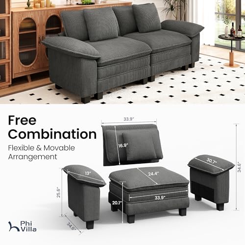 Image of PHI VILLA Cloud Modular Couches Sets, 87.5 inch Sectional Loveseat Sofa with Upholstered Deep Seat, 2-Seater Comfy Couches for Living Room Bedroom, Corduroy Fabric, Grey