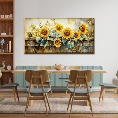 ERQINHUA Large Wall Decor Canvas Painting Wall Art For Living Room Decor Vintage Yellow Sunflower Painting Wood Frame DecorPrint Artwork For Dining Room Bedroom Bathroom Kitchen Home Decor 24x48 In